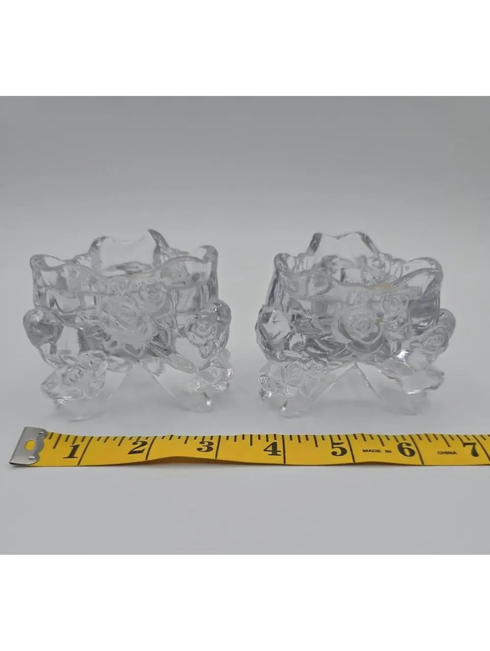Vintage Floral Glass Candle Holders Pair Rose Bow Romantic Decor